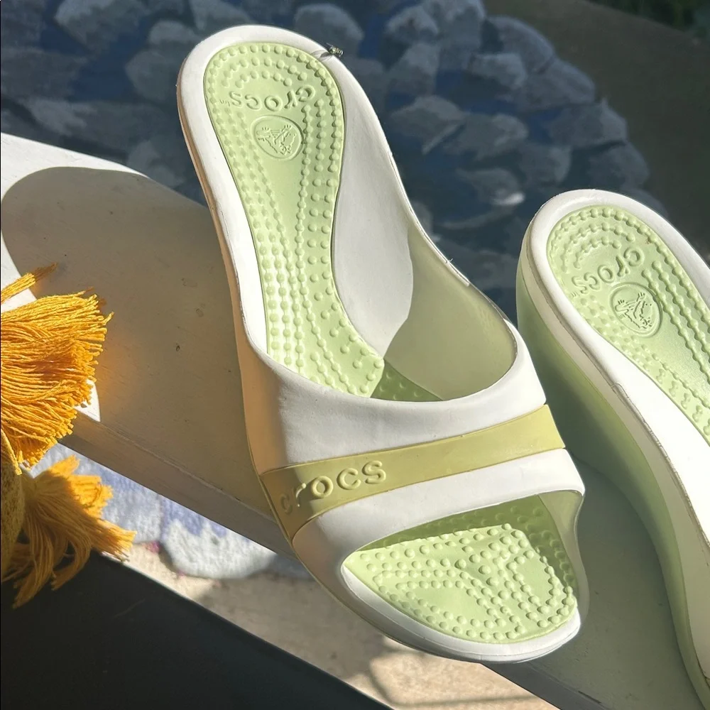 CROCS Sassari Lime Green and White Wedge Sandals